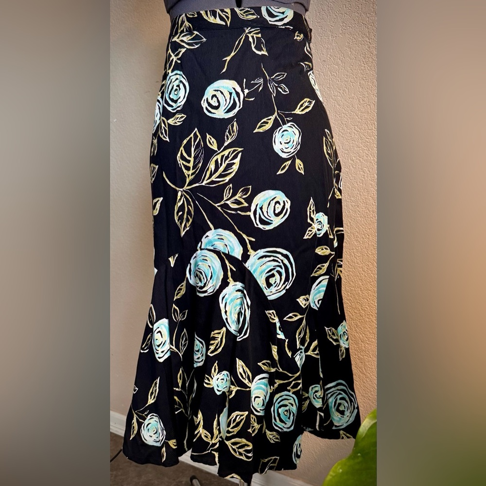 Vintage Black Blue Green Rose Floral Midi Skirt M